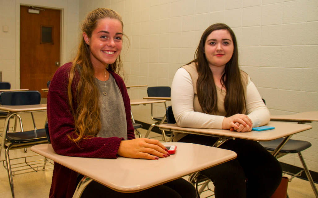 Nina Solano, a freshman Business major, and Kelly Ahern, a freshman Busness major, in Professor Ahern’s Post Foundations class at 3:30 p.m. in room 128. By Nicole Digiovanni