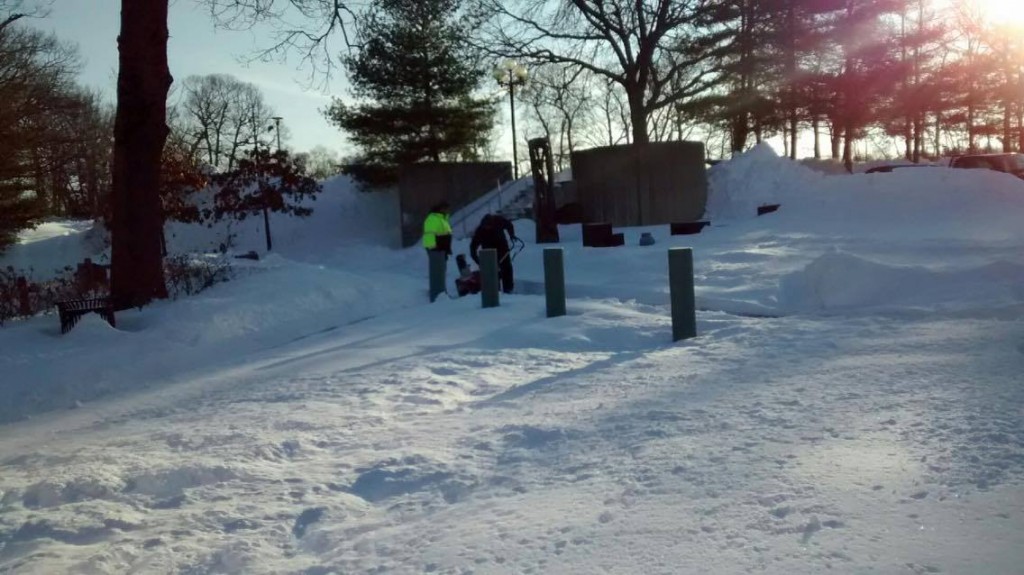Facilities plowing by the Hillwood Parking lot after snow storm Jonas