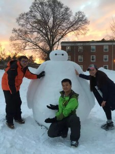 From left: Students Reggie Zhang, Peter Lu, and Wind Che built a snow man with the leftovers from storm Jonas. Photo: Shuaishuai Li
